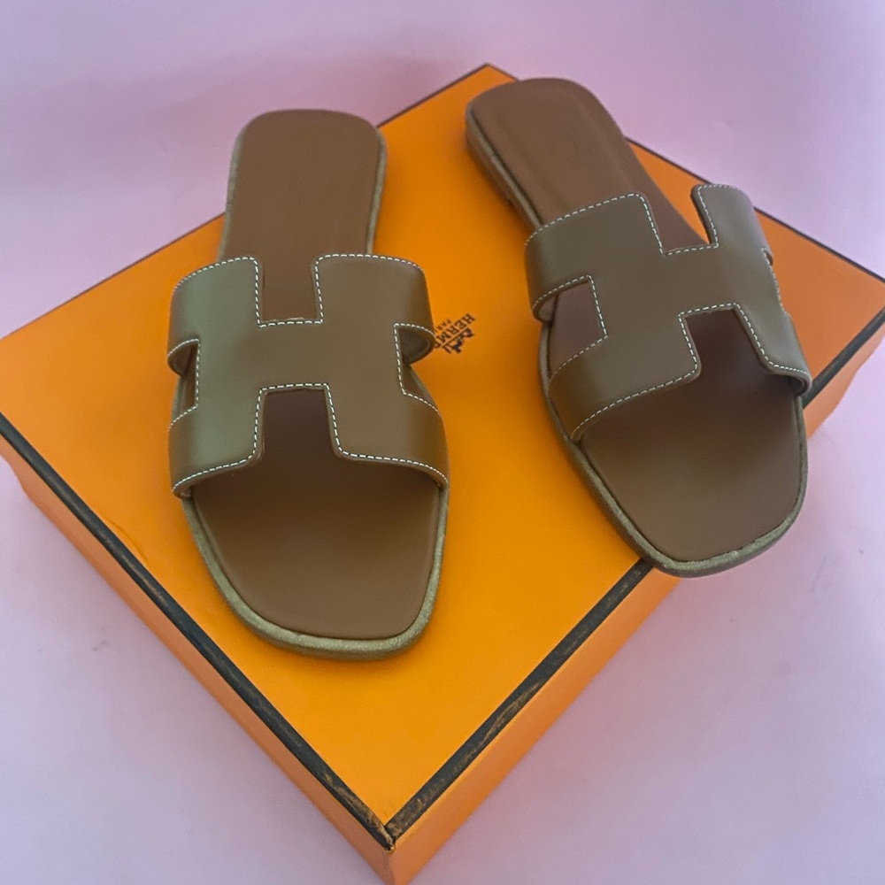 Hermes Brown Sandals H-Shaped Minimalist Design